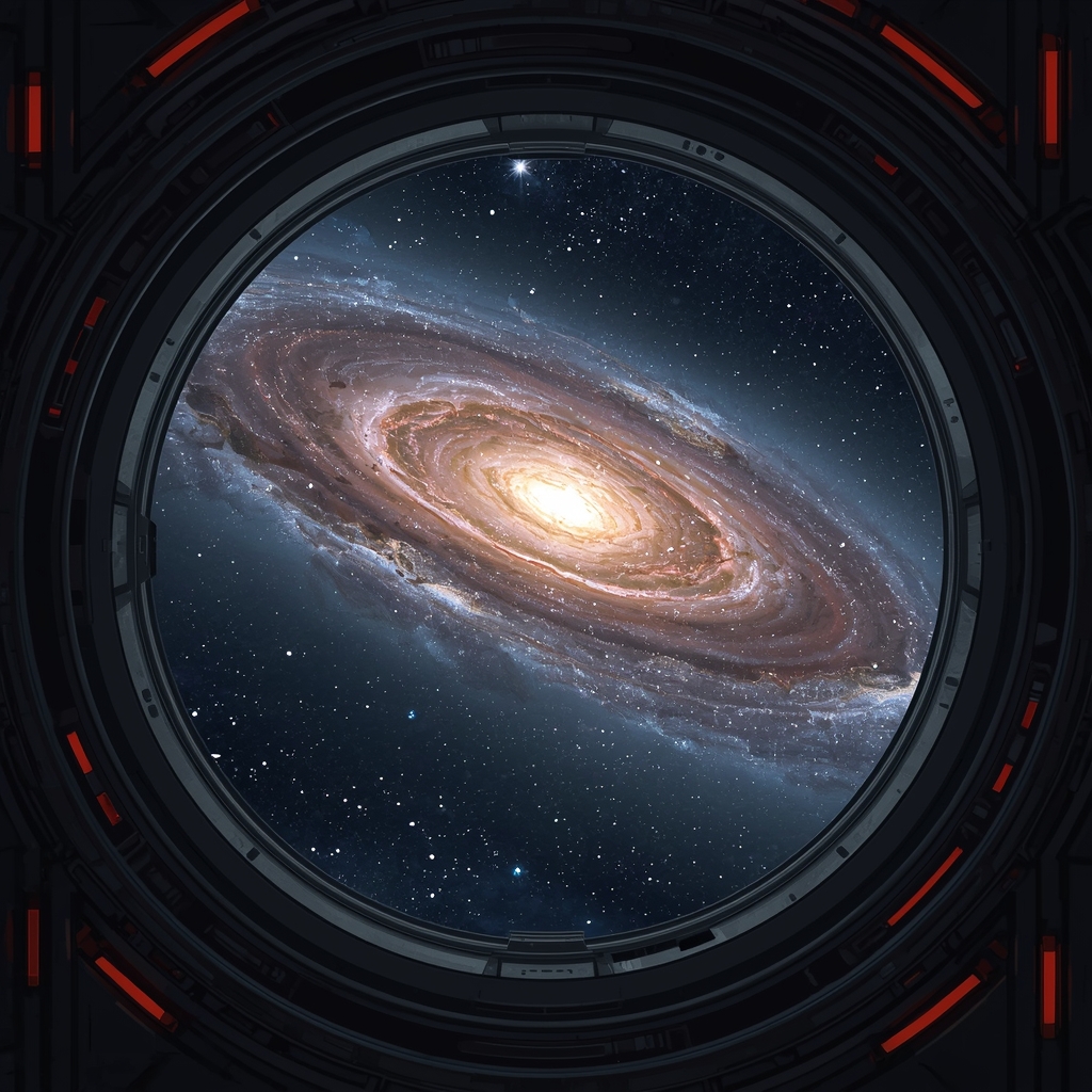 Prompt: A view from a spaceship window looking out at a spiral galaxy, interior details visible, realistic, no woman